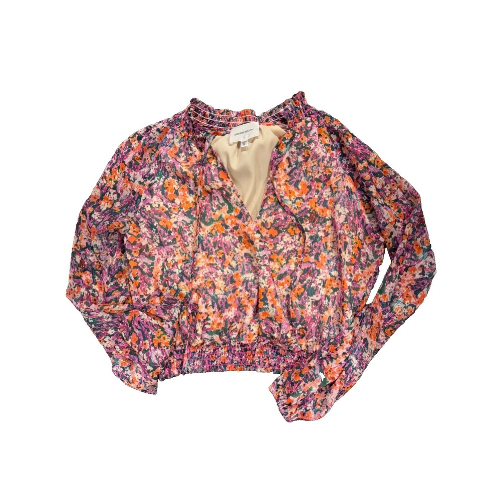 Lavender Brown XS Women Crop Top Floral Long Sleeve Tie Neck